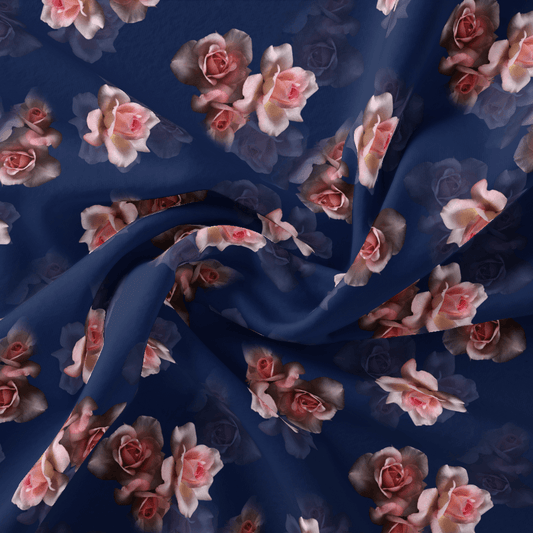 Valvet Blue Background With Creamy Roses Digital Printed Fabric - Pure Georgette - FAB VOGUE Studio®
