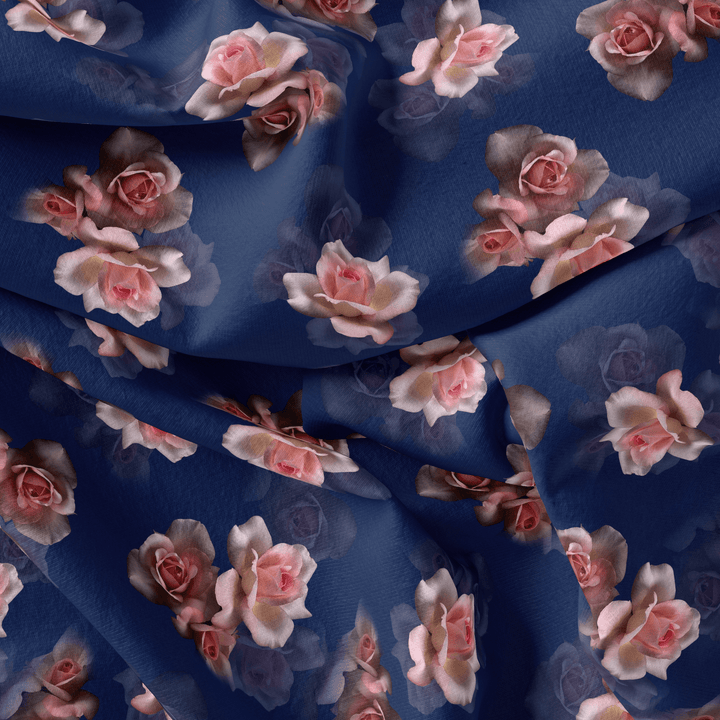 Valvet Blue Background With Creamy Roses Digital Printed Fabric - Pure Georgette - FAB VOGUE Studio®
