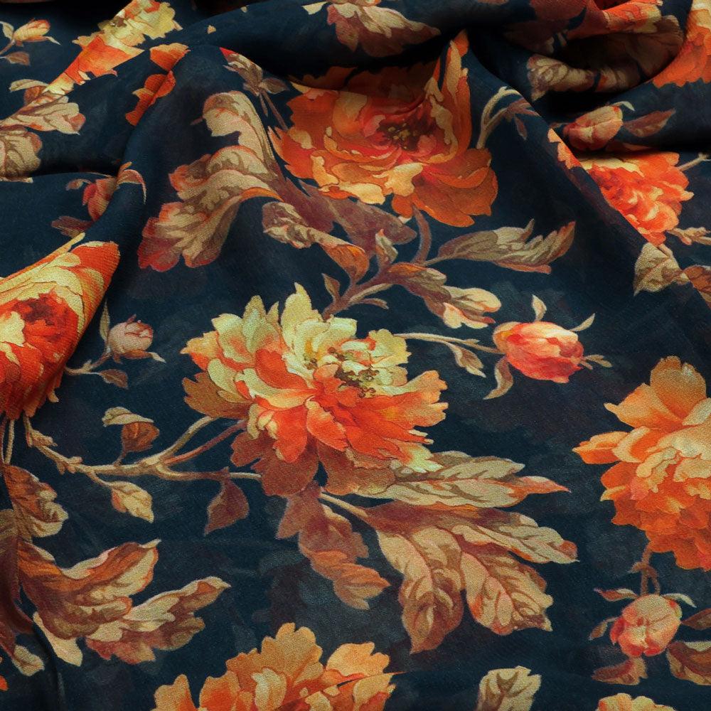 Coffee Floral Pure Georgette Printed Fabric - FAB VOGUE Studio®