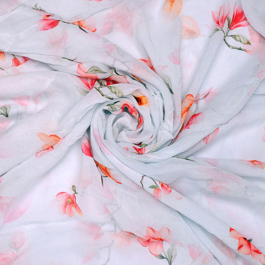 White Floral Pure Georgette Printed Fabric - FAB VOGUE Studio®