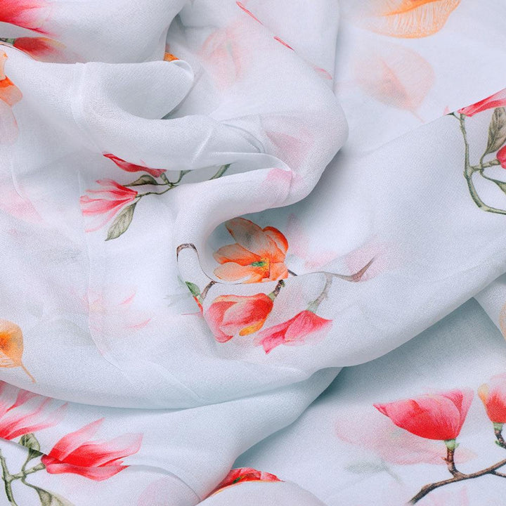 White Floral Pure Georgette Printed Fabric - FAB VOGUE Studio®