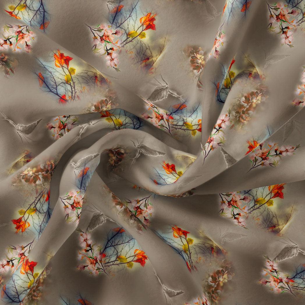Attractive Pink Periwinkle With Autumn Buds Leaves Digital Printed Fabric - Pure Georgette - FAB VOGUE Studio®