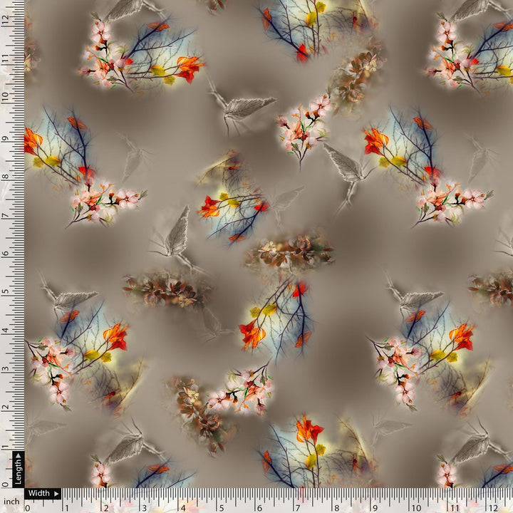 Attractive Pink Periwinkle With Autumn Buds Leaves Digital Printed Fabric - Pure Georgette - FAB VOGUE Studio®