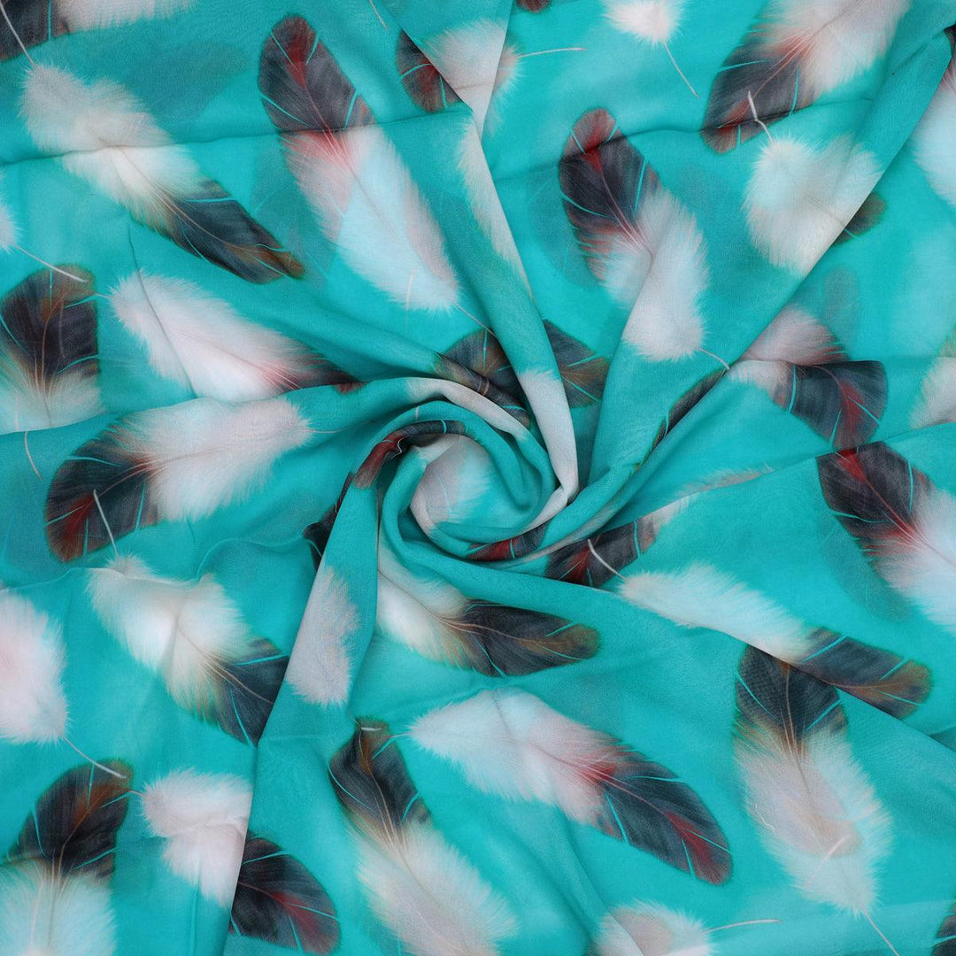 Winter Cool Ice Temple Colour Feather Digital Printed Fabric - Pure Georgette - FAB VOGUE Studio®