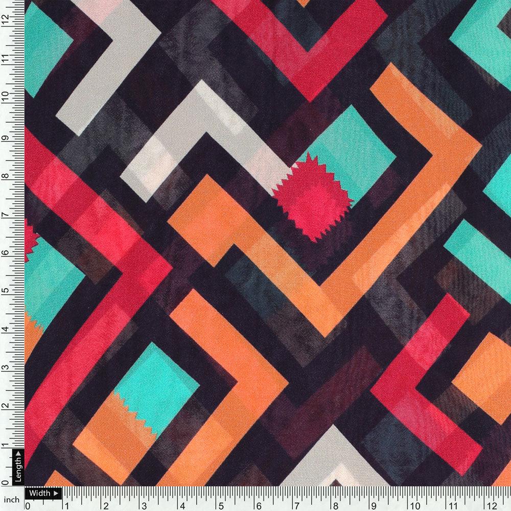 Multicolour Puzzle Rainbow Greek Key Digital Printed Fabric - Pure Georgette - FAB VOGUE Studio®
