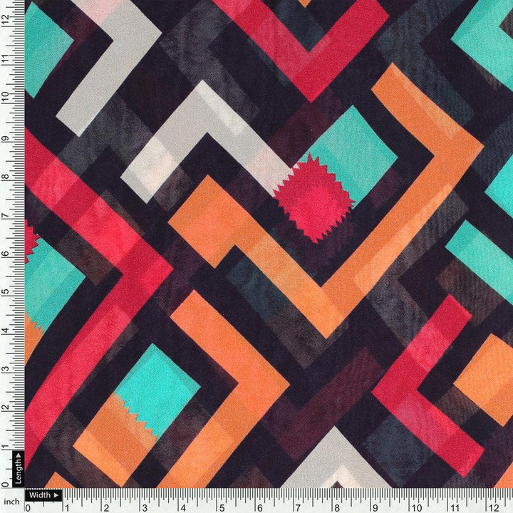 Multicolour Puzzle Rainbow Greek Key Digital Printed Fabric - Pure Georgette - FAB VOGUE Studio®