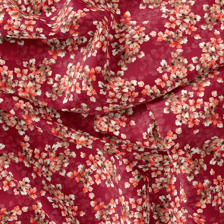 Most Attractive Red And Golden Ninebark Leaves Digital Printed Fabric - Pure Georgette - FAB VOGUE Studio®