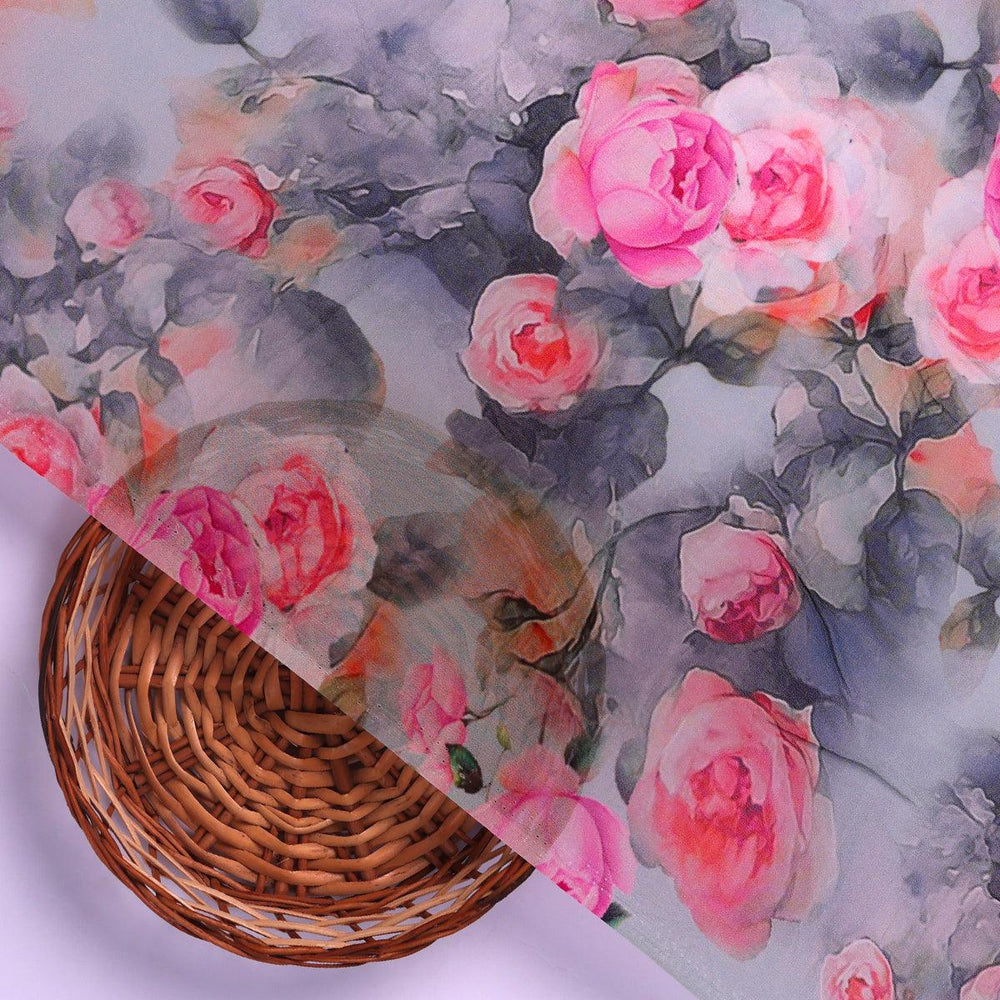 Pink And Peach Rose Allover Digital Printed Fabric - Pure Georgette - FAB VOGUE Studio®