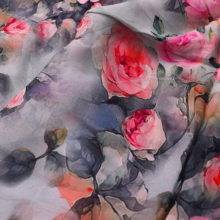 Pink And Peach Rose Allover Digital Printed Fabric - Pure Georgette - FAB VOGUE Studio®