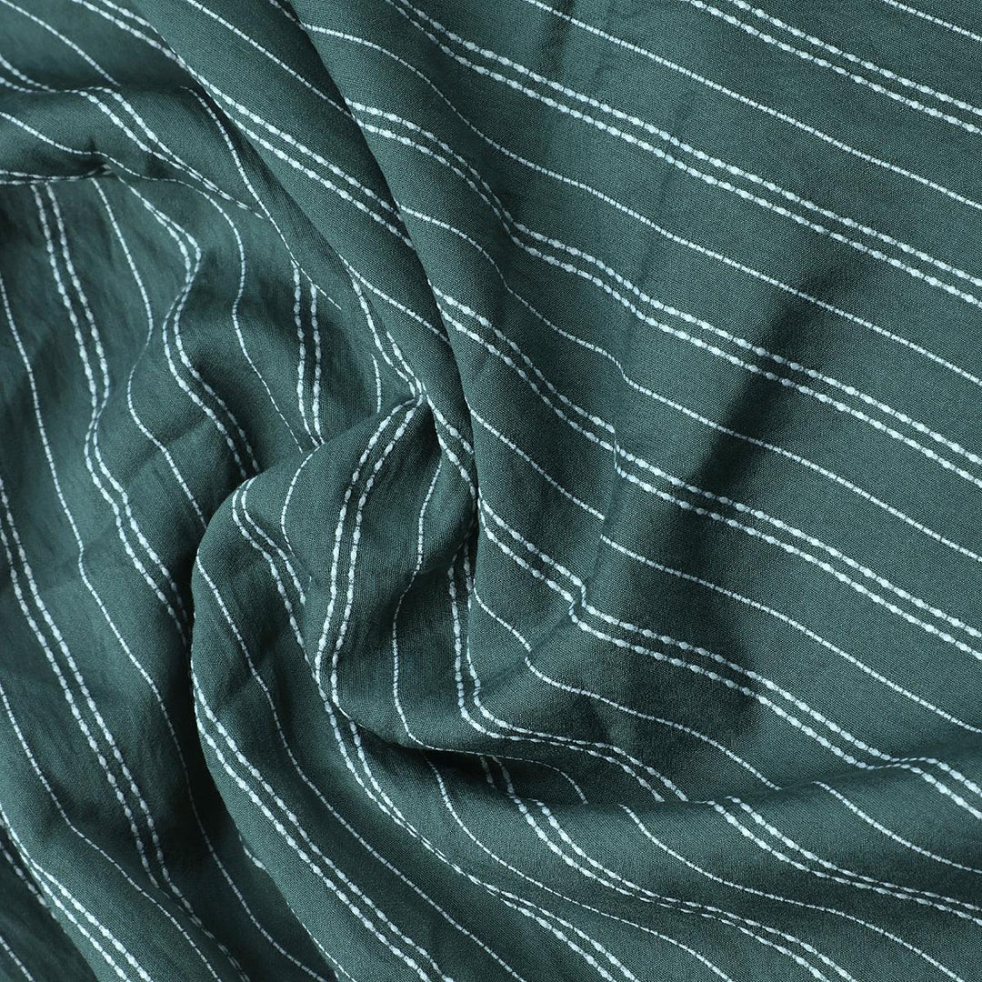 Green Colour Pin Stripes Self Patterned Dyed Fabric - FAB VOGUE Studio®