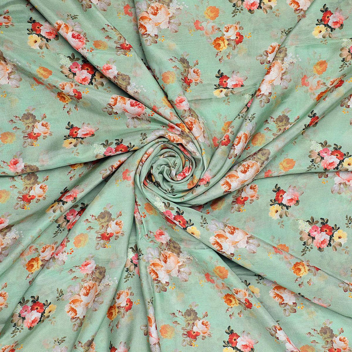 Green Floral Printed Pure Muslin Fabric - FAB VOGUE Studio®
