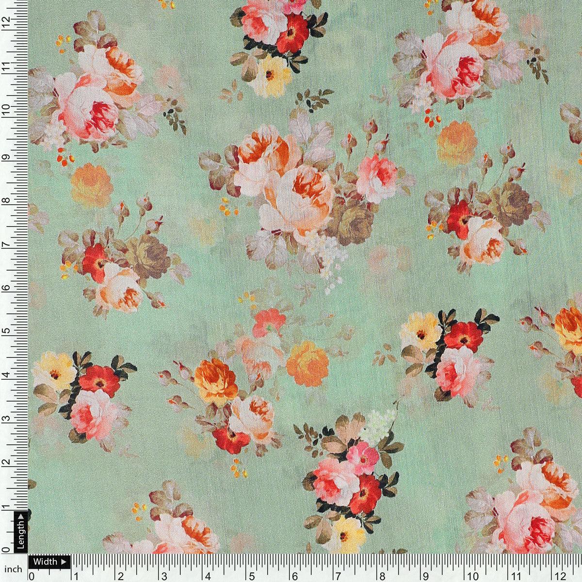 Green Floral Printed Pure Muslin Fabric - FAB VOGUE Studio®