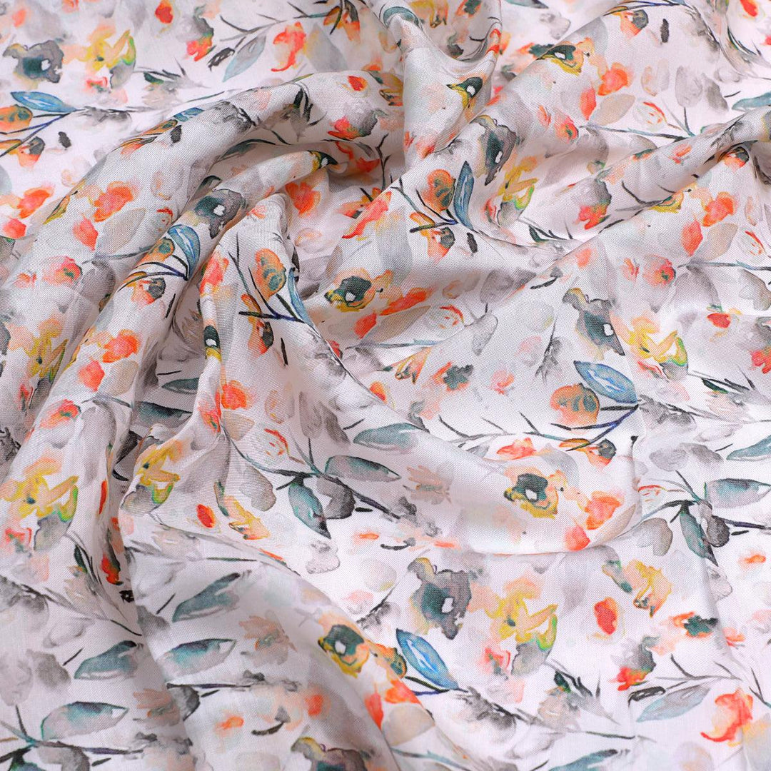 Ivory Leaves Pure Muslin Printed Fabric Material - FAB VOGUE Studio®