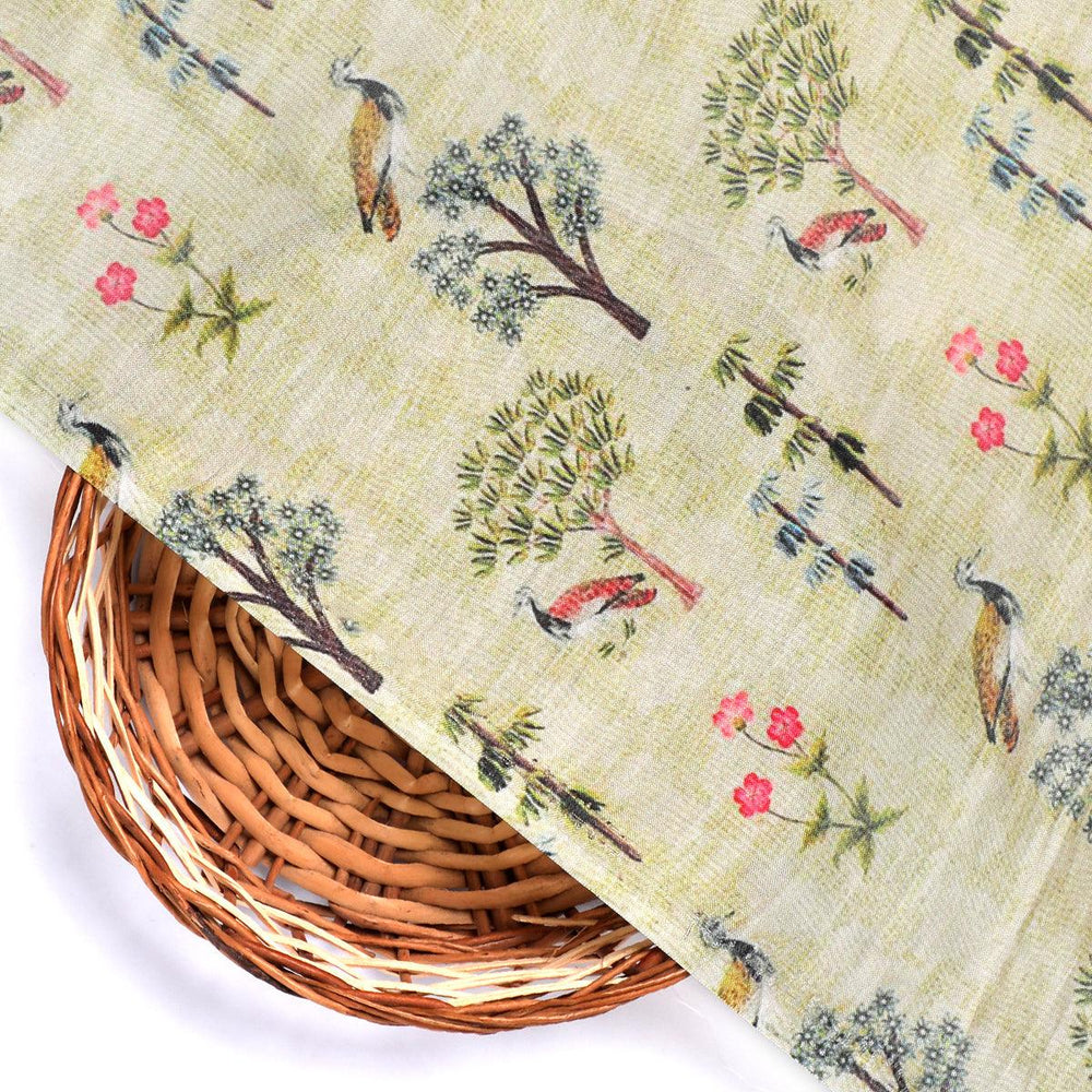 Pista Chinoiserie With Birds Digital Printed Fabric - Pure Muslin - FAB VOGUE Studio®