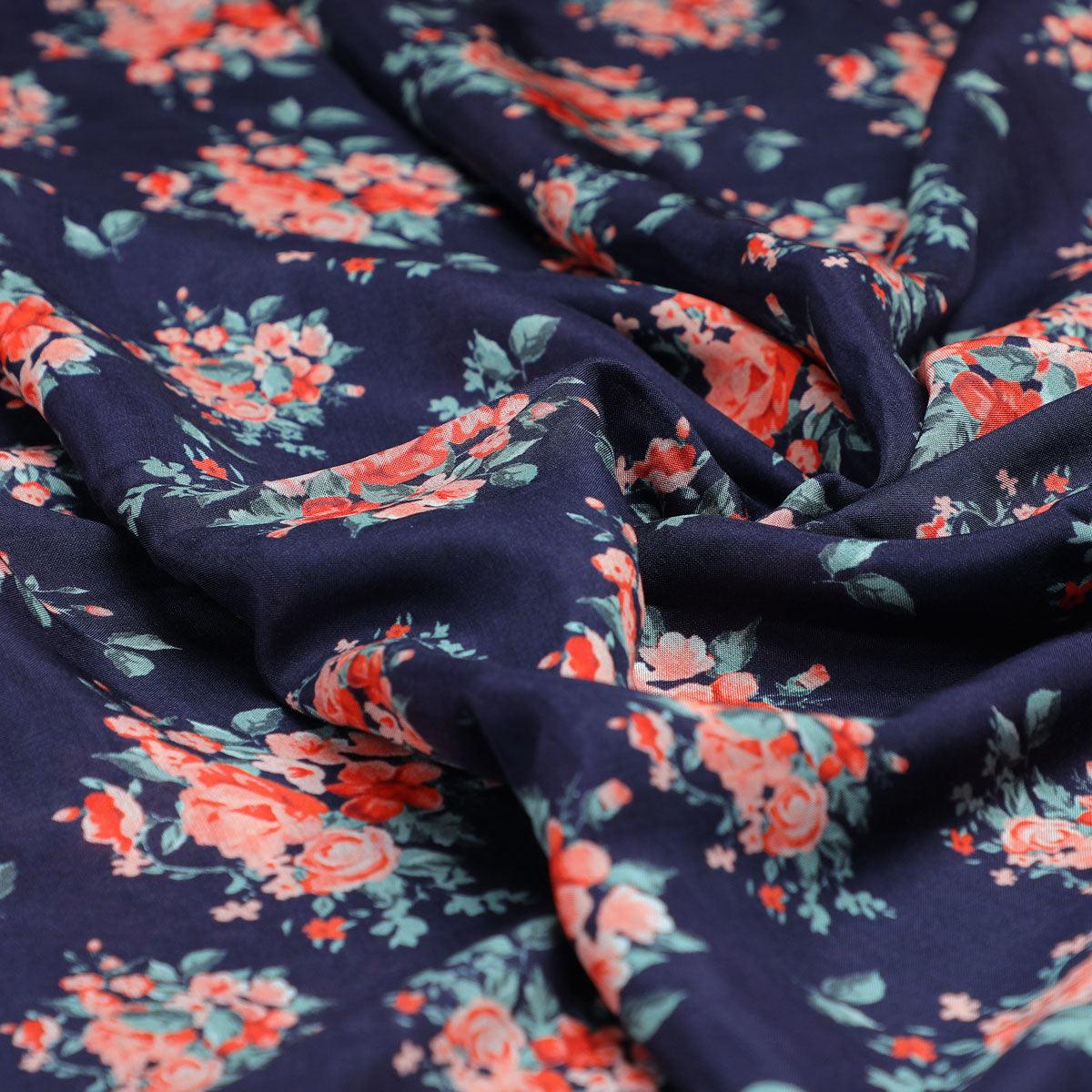 Blue Flower Printed Pure Muslin Fabric - FAB VOGUE Studio®