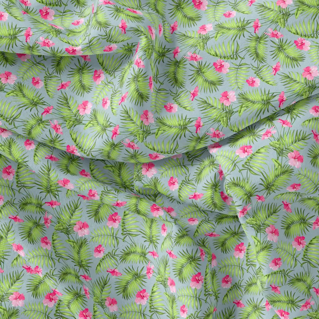 Tropical Leaves Pink Hibiscus Flower Digital Printed Fabric - Pure Muslin – pm 0 ta0216 151 tropical leaves pink hibiscus flower digital printed fabric pure muslin 3