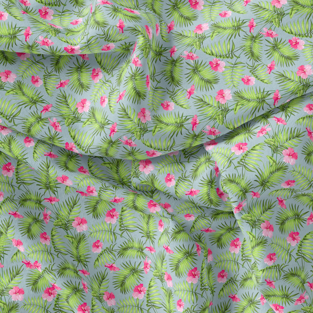 Tropical Leaves Pink Hibiscus Flower Digital Printed Fabric - Pure Muslin - FAB VOGUE Studio®