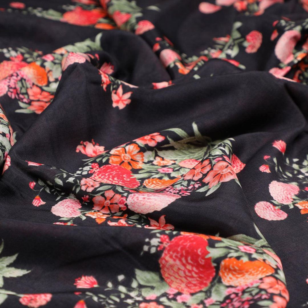 Red Leaves Printed Pure Muslin Fabric - FAB VOGUE Studio®