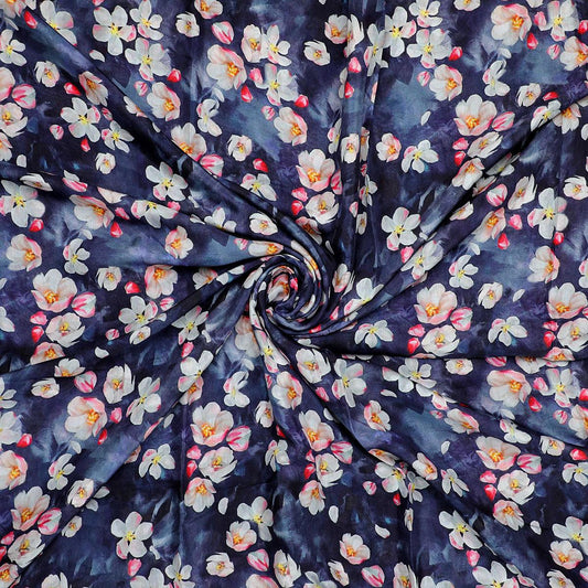 Blue Floral Printed Pure Muslin Fabric - FAB VOGUE Studio®