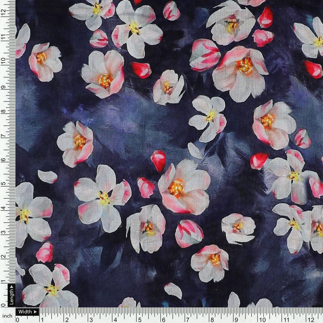 Blue Floral Printed Pure Muslin Fabric - FAB VOGUE Studio®