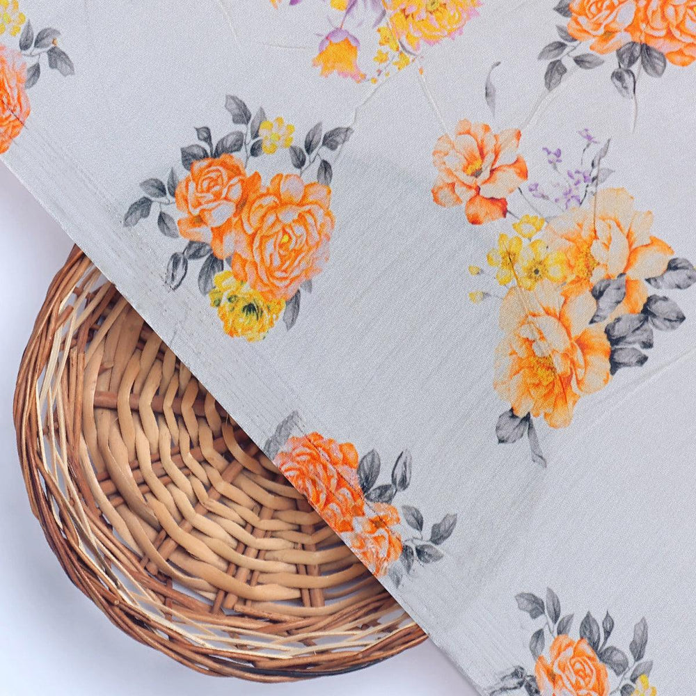 Yellow Lonicera Grey Leafs Digital Printed Fabric - Pure Muslin - FAB VOGUE Studio®