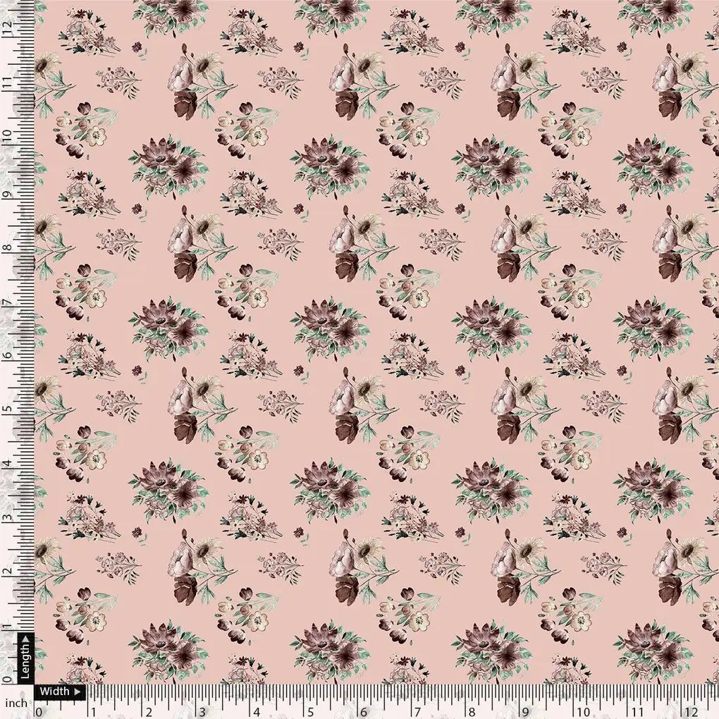 Multi Flower Bunch And Linear Leafs Digital Printed Fabric - Pure Muslin - FAB VOGUE Studio®