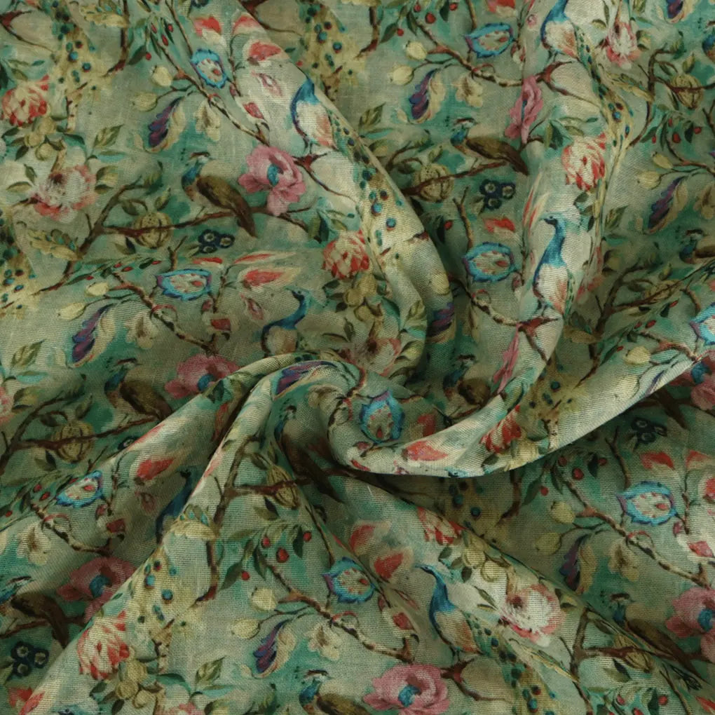 Rainbow Peacock With Autumnal Leaves Digital Printed Fabric - Linen – poli 0 fvs2029 110 rainbow peacock with autumnal leaves digital printed fabric linen 1