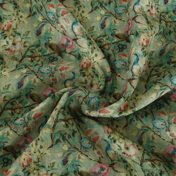 Rainbow Peacock With Autumnal Leaves Digital Printed Fabric - Linen – poli 0 fvs2029 110 rainbow peacock with autumnal leaves digital printed fabric linen 1