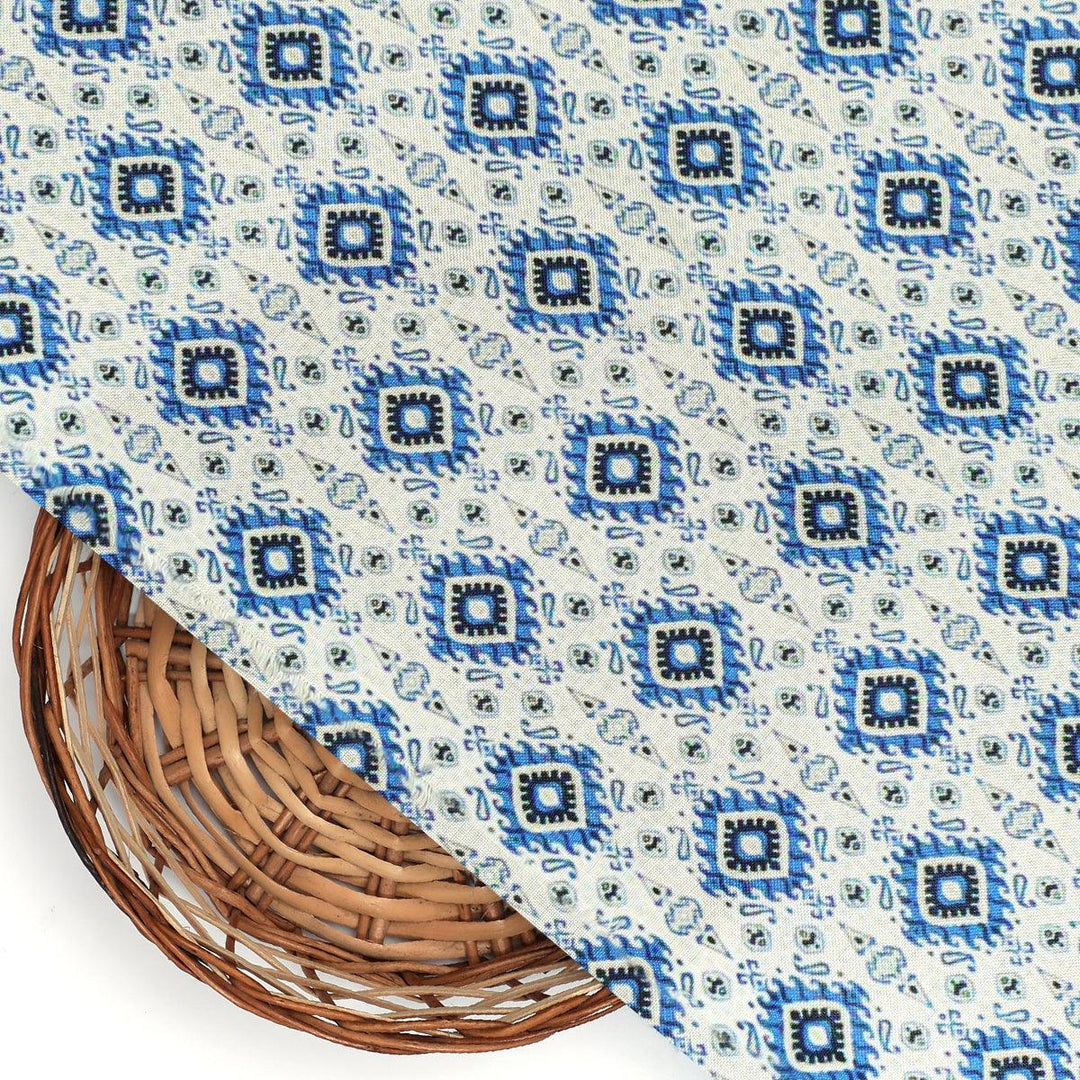 Tiny Blue Medallion Motif Digital Printed Fabric - Rayon - FAB VOGUE Studio®