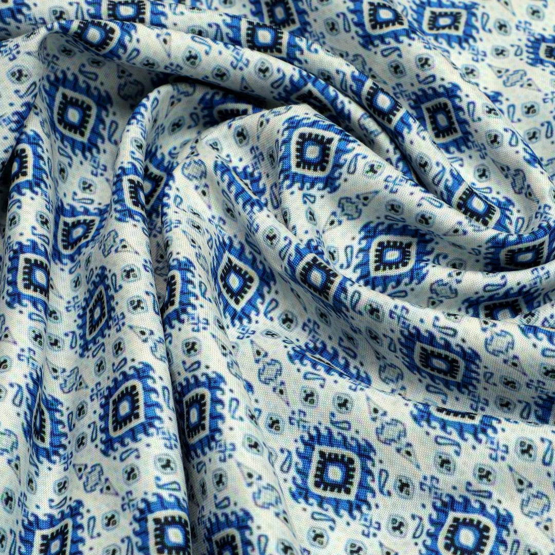 Tiny Blue Medallion Motif Digital Printed Fabric - Rayon - FAB VOGUE Studio®