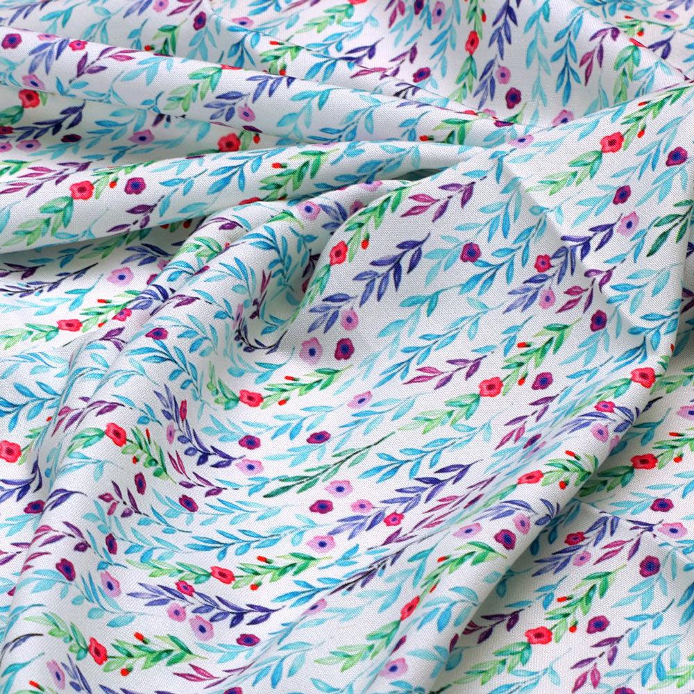 Tiny Multicolour Leaves With Tiny Flower Digital Printed Fabric - Rayon - FAB VOGUE Studio®