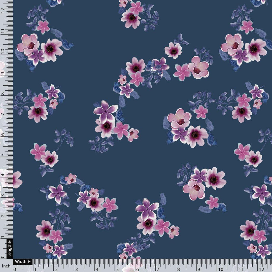 Pinkish Flowers With Neavy Blue Digital Printed Fabric - Rayon - FAB VOGUE Studio®