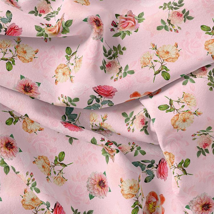 Pink And Peach Roses Allover Digital Printed Fabric - Rayon - FAB VOGUE Studio®
