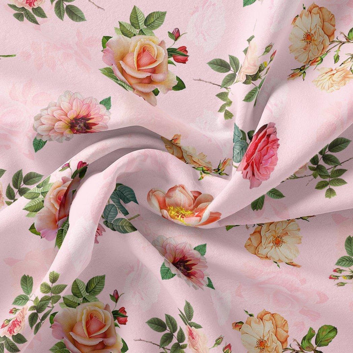 Pink And Peach Roses Allover Digital Printed Fabric - Rayon - FAB VOGUE Studio®