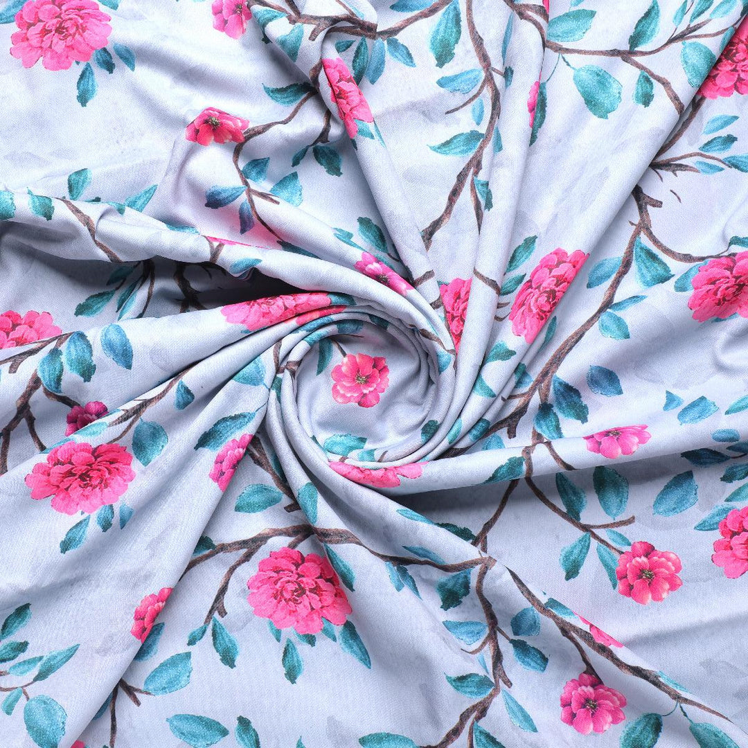 Pink Flower And Branch Digital Printed Fabric - Rayon - FAB VOGUE Studio®