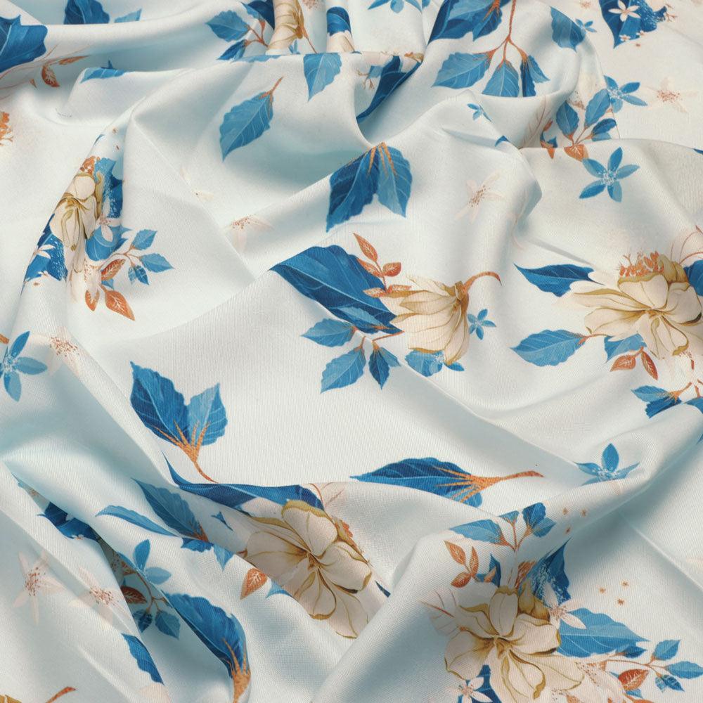 Flower On Ocean Blue Digital Printed Fabric - Rayon - FAB VOGUE Studio®