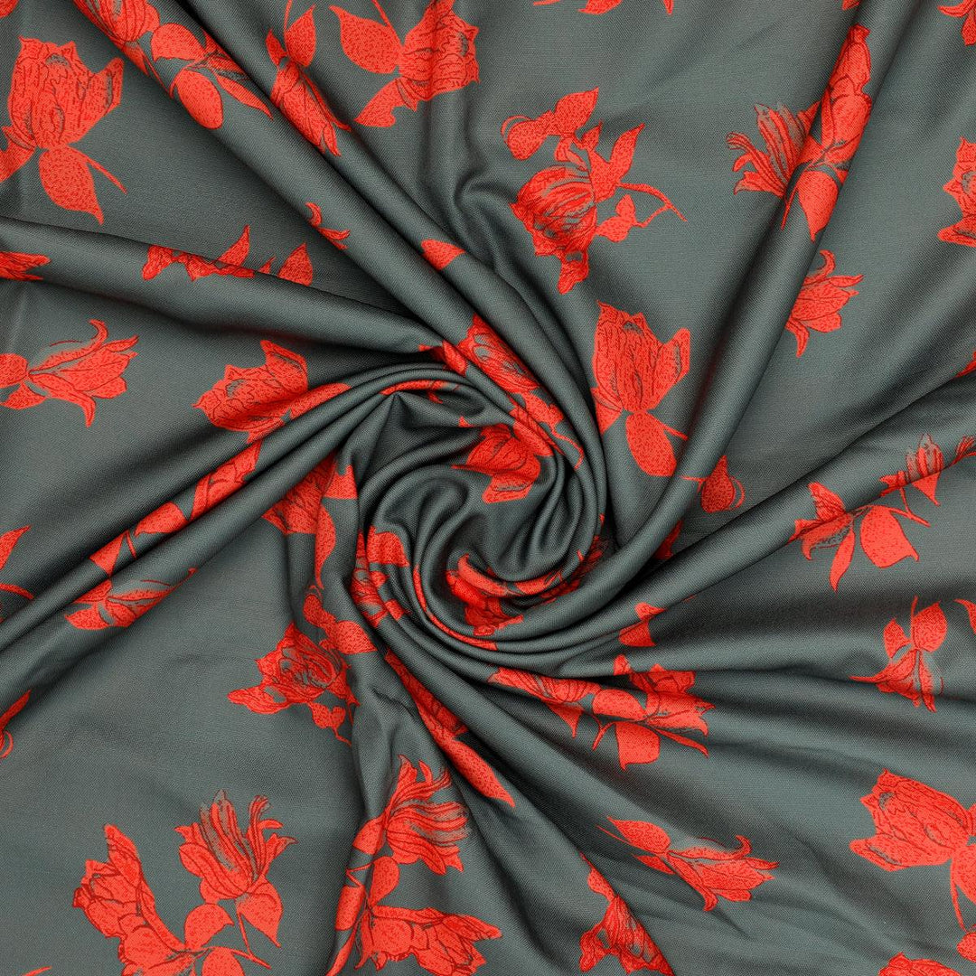 Tulips Roses With Orange Colour Digital Printed Fabric - Rayon - FAB VOGUE Studio®