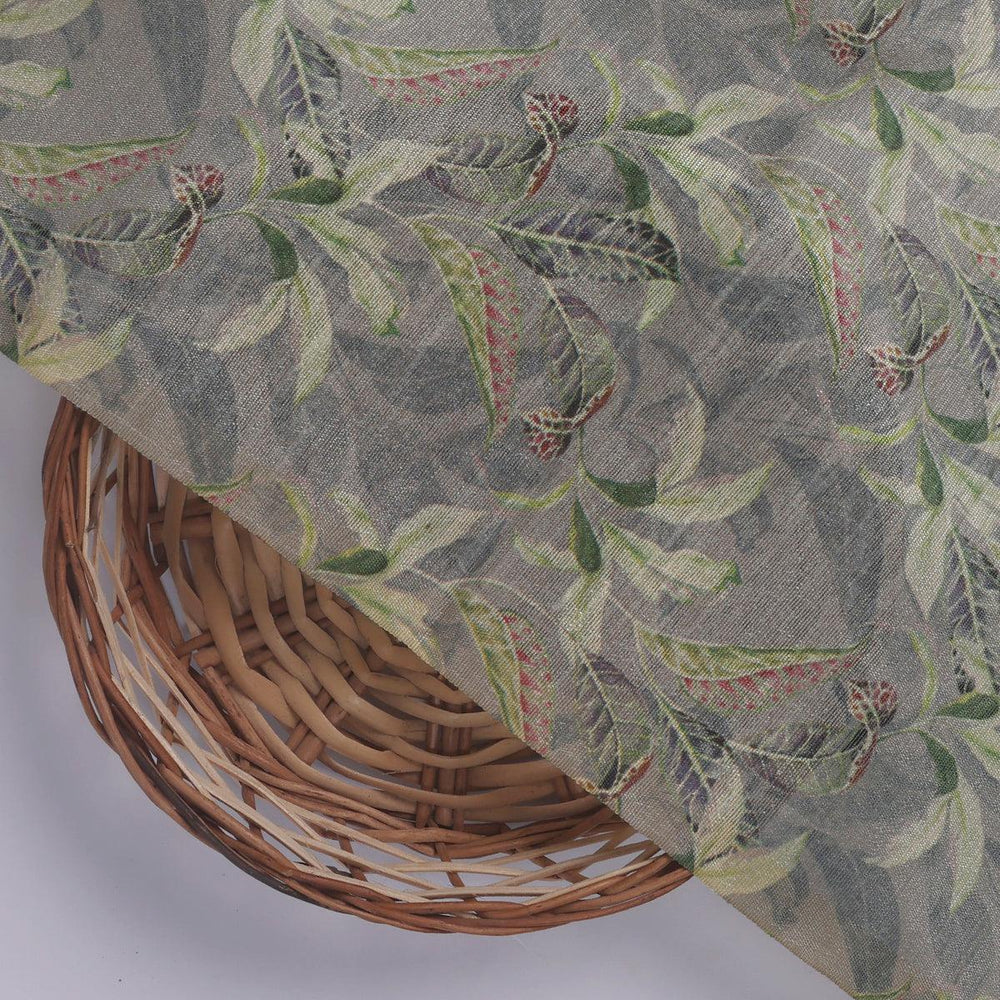 Pista Flower On Grey Digital Printed Fabric - Tusser Silk - FAB VOGUE Studio®