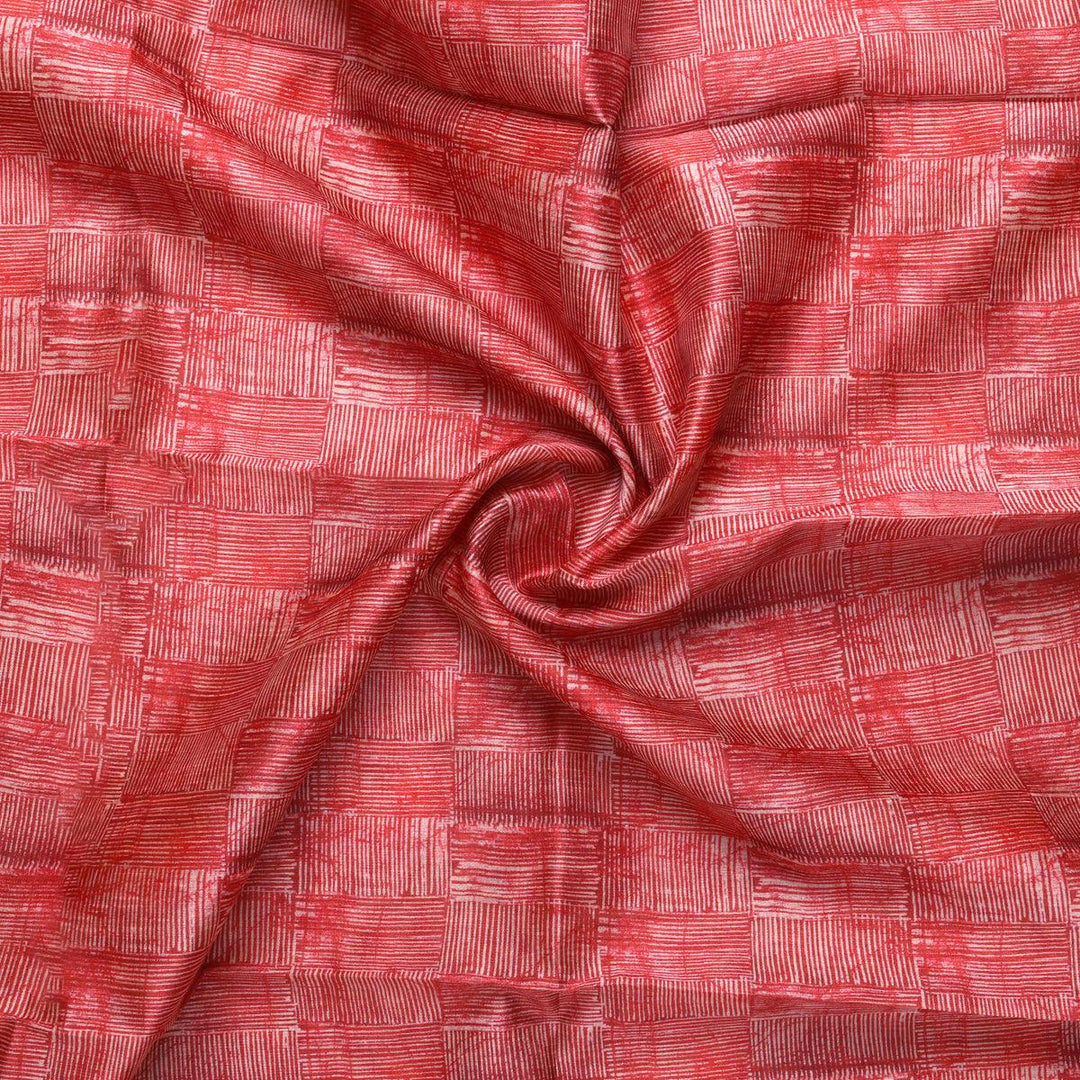 Checkes Textured Red And White Digital Printed Fabric - Tusser Silk - FAB VOGUE Studio®