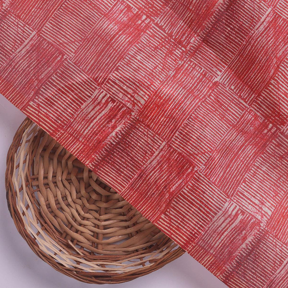 Checkes Textured Red And White Digital Printed Fabric - Tusser Silk - FAB VOGUE Studio®