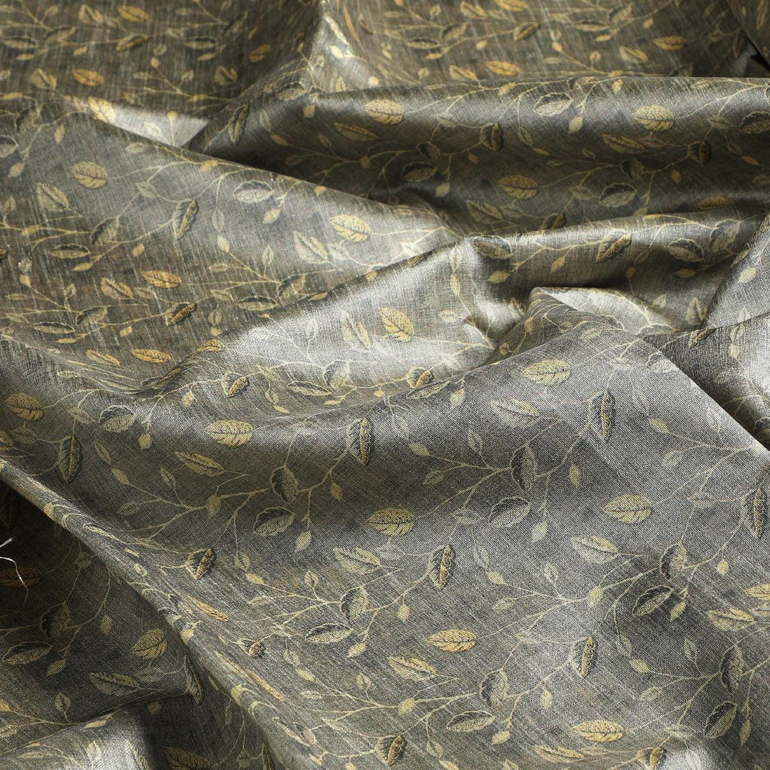 Brown Leaves With Stalk Digital Printed Fabric - Tusser Silk - FAB VOGUE Studio®