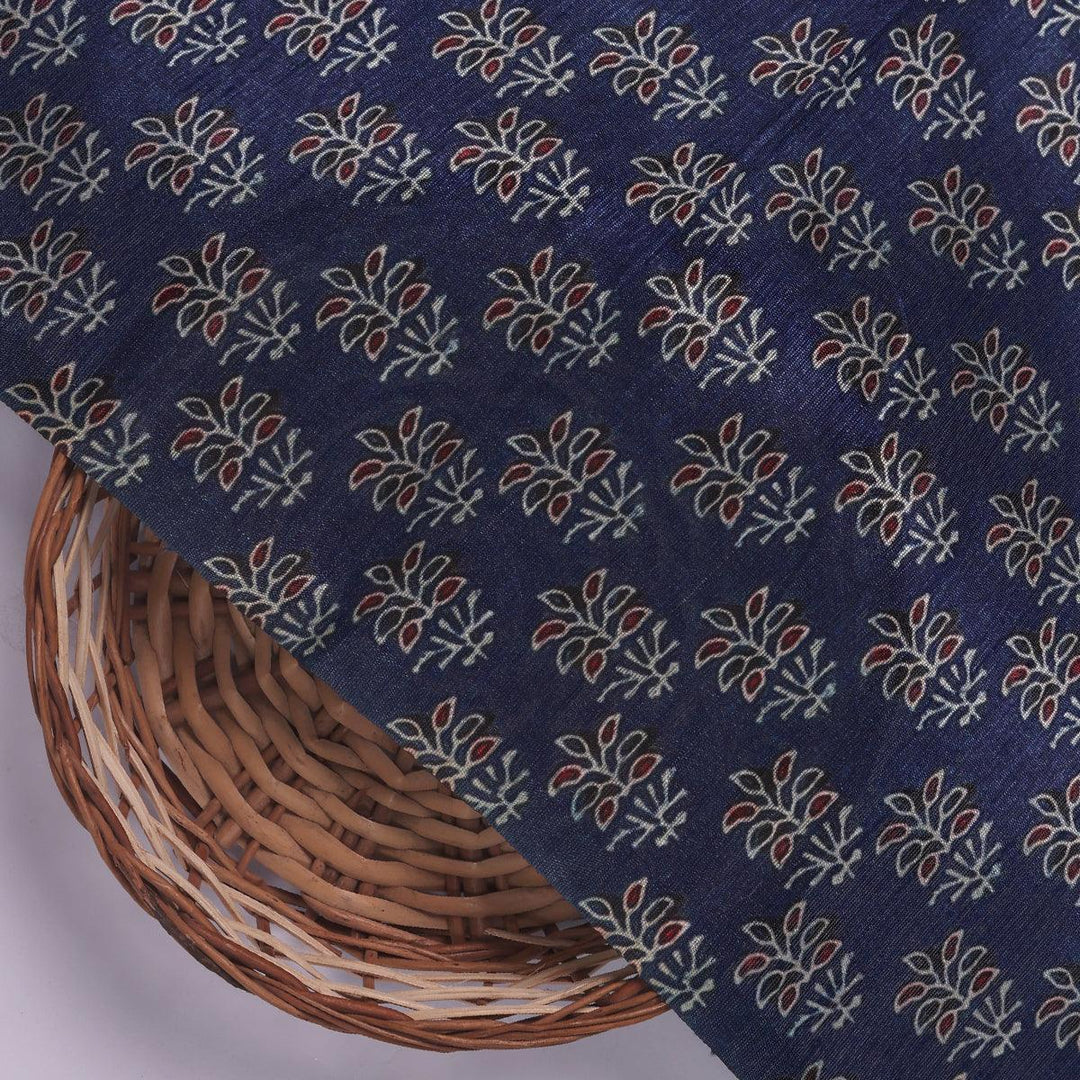 Lovely Blue Port Tree Leaves Digital Printed Fabric - Tusser Silk - FAB VOGUE Studio®