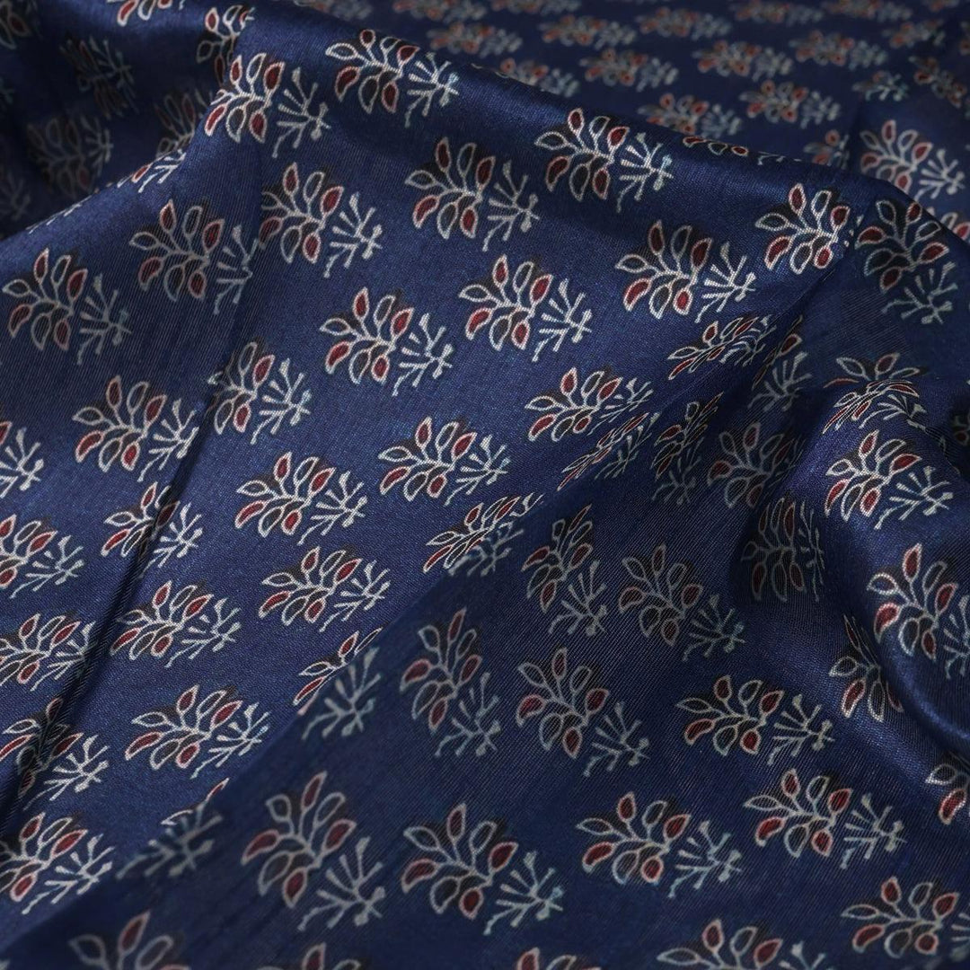Lovely Blue Port Tree Leaves Digital Printed Fabric - Tusser Silk - FAB VOGUE Studio®