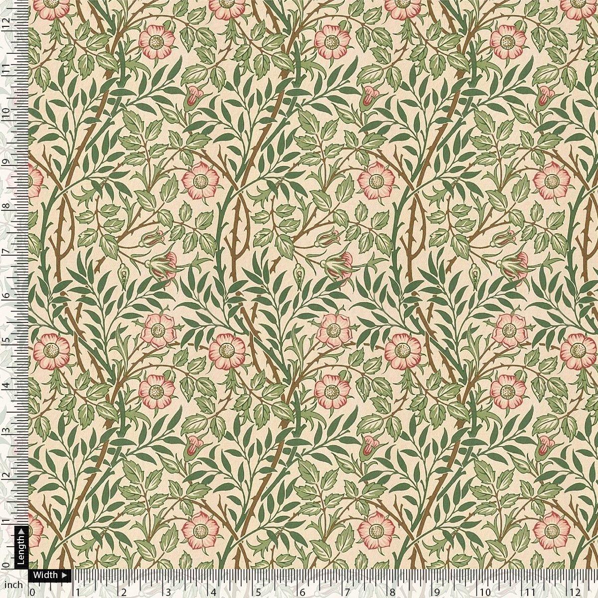 Western Flowers Small Leaves Digital Printed Fabric - Tusser Silk - FAB VOGUE Studio®