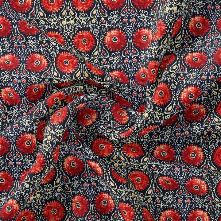 Cool Red Shiny Flower With Valley Digital Printed Fabric - Tusser Silk - FAB VOGUE Studio®