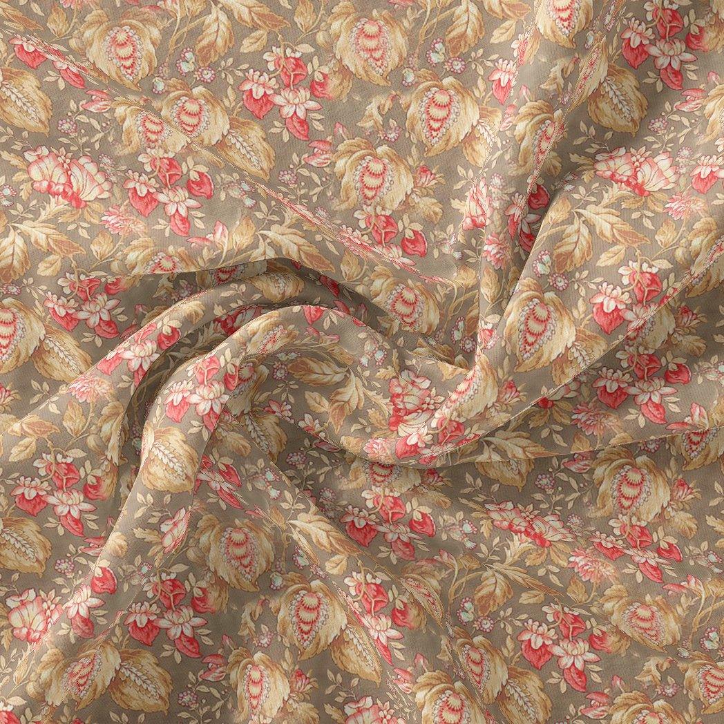 Decorative Leaves With Chiku Brown Digital Printed Fabric - Tusser Silk - FAB VOGUE Studio®