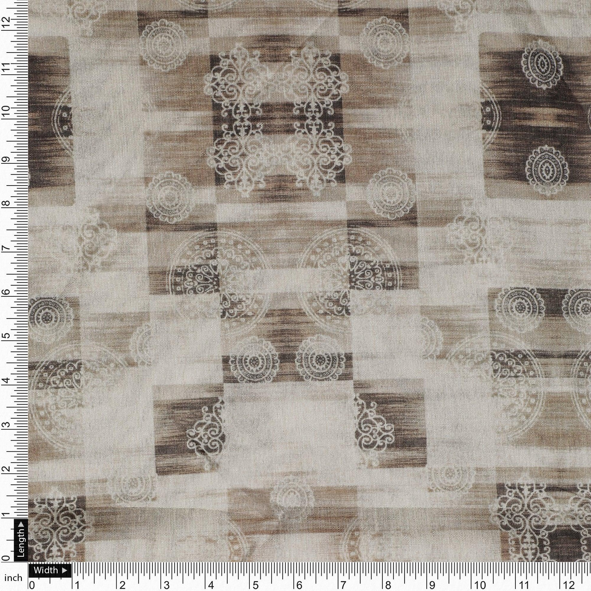 Checkered Pattern With Decorative Motifs Digital Printed Fabric - Tusser Silk - FAB VOGUE Studio®