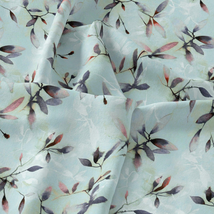 Bluish Thin And Light Leaves Digital Printed Fabric - Tusser Silk - FAB VOGUE Studio®