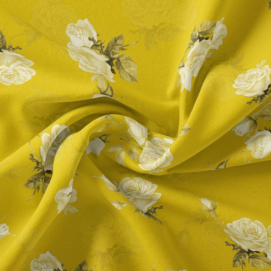 Lemon Yellow Flower Allover Digital Printed Fabric - Tusser Silk - FAB VOGUE Studio®