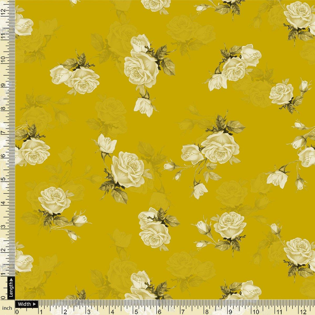 Lemon Yellow Flower Allover Digital Printed Fabric - Tusser Silk - FAB VOGUE Studio®